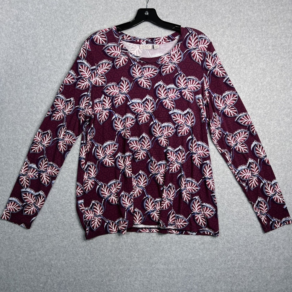 LOGO Lori Goldstein Top Womens L Long Sleeve Pullover Stretch Tunic Fall Leaves